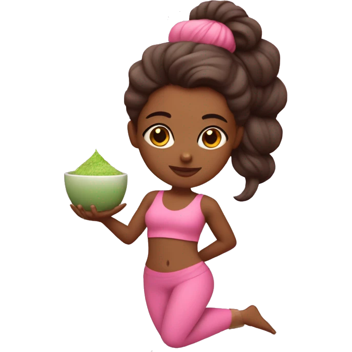 pink Pilates princess with brown skin and Indian features with a matcha in her hand with a pink outfit doing Pilates  emoji