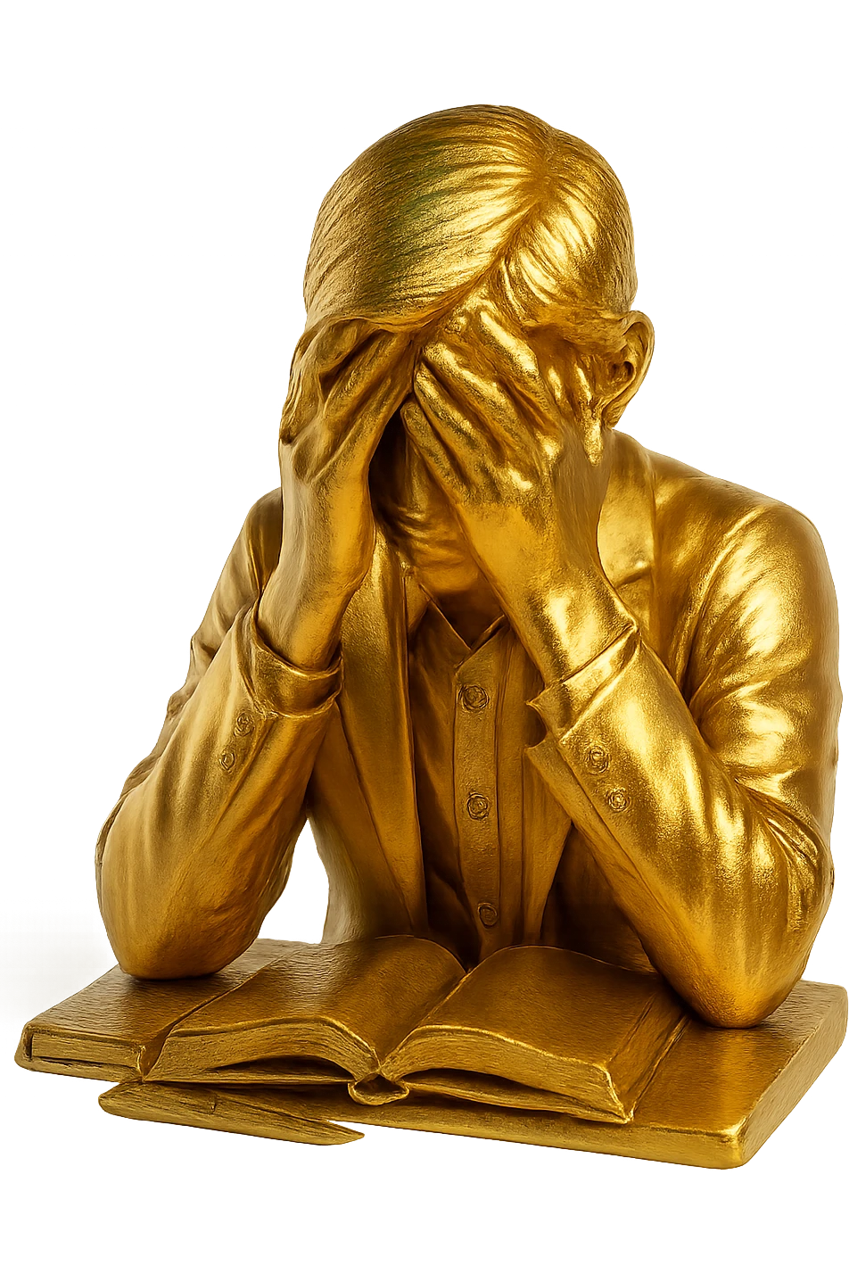 student frustrated with head in hands, professional style, green gold and white color scheme, bold and clear, suitable for digital use emoji
