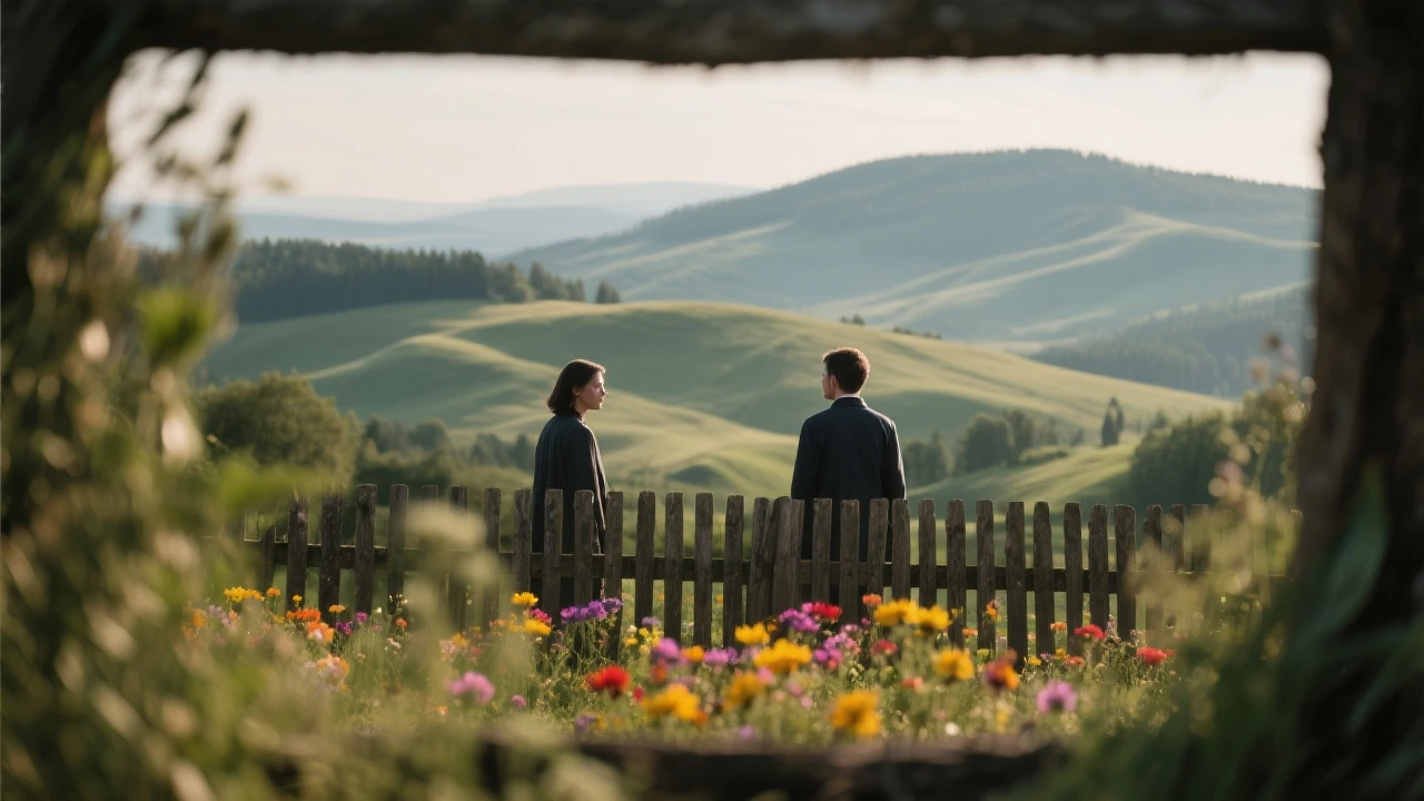 "Two shot" in the foreground, blurred plants in the foreground (frame within a frame), a wooden fence and colorfull flowers in the midground, Poland, rolling hills in the background, cinematic depth of field, layered composition, natural lighting emoji