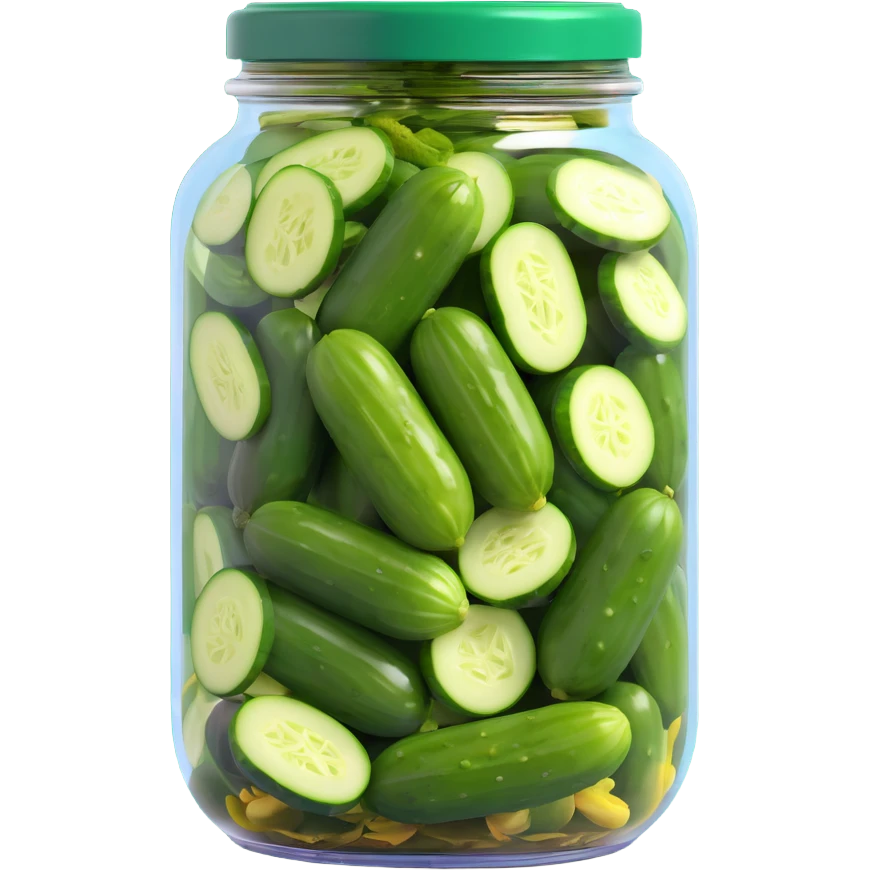 see-through jar packed with green pickled cucumbers in brine, tightly closed shiny deep green lid contrasting with pickles emoji