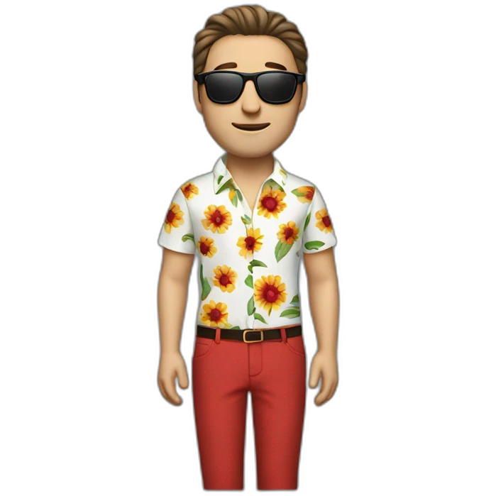 white man dark hairs, flower shirt, red pant, sun glasses emoji