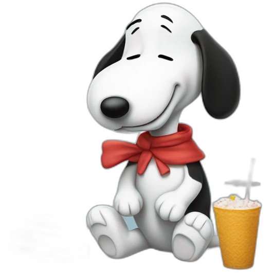Snoopy holding a straw in his hand against his nose leaning over a table sucking up a pile of sugar emoji