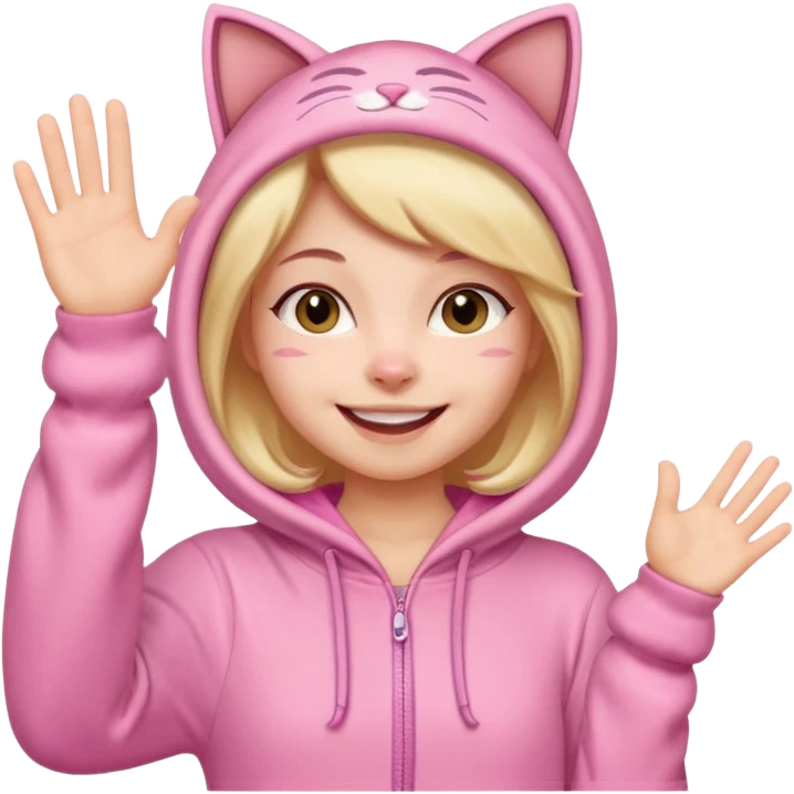 Girl in pink cat onesie waving happily emoji