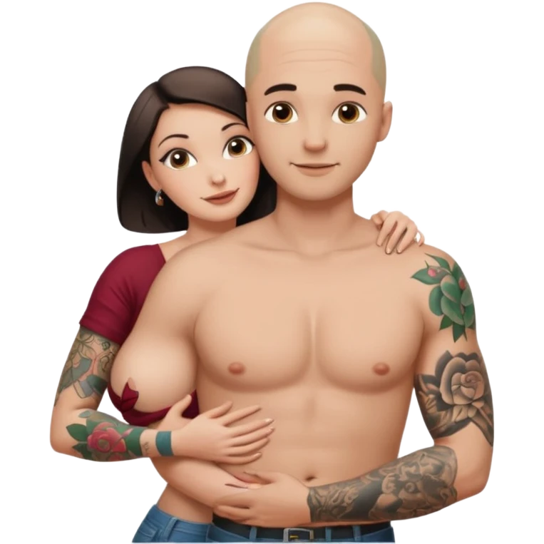 throuple tattooed sleeves bbald male with topless naked big boobed brunette and topless naked big boobed blonde girlfriends  lovingl  and sexy polygamy  emoji