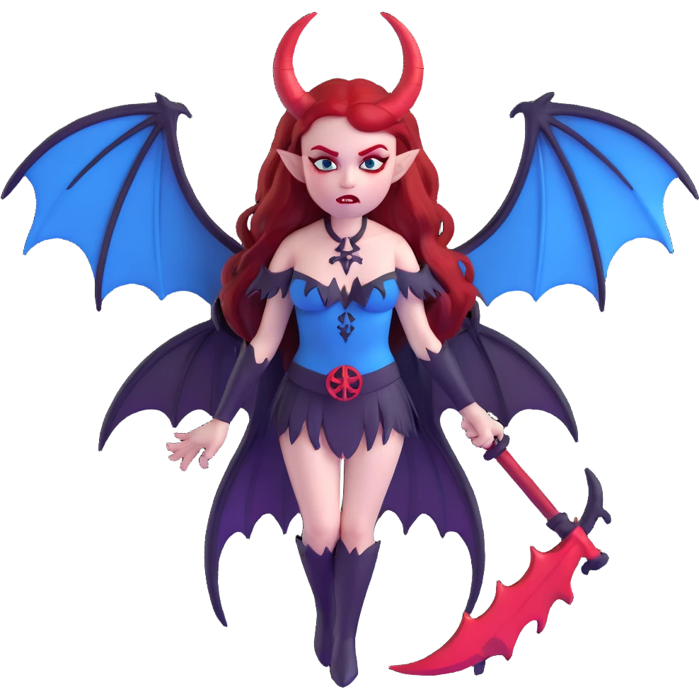 extremely diabolical demon girl with massive bat wings, blood red hair, sinister glowing blue eyes, dark hellish aura, sharp horns, fangs, pentagram emoji
