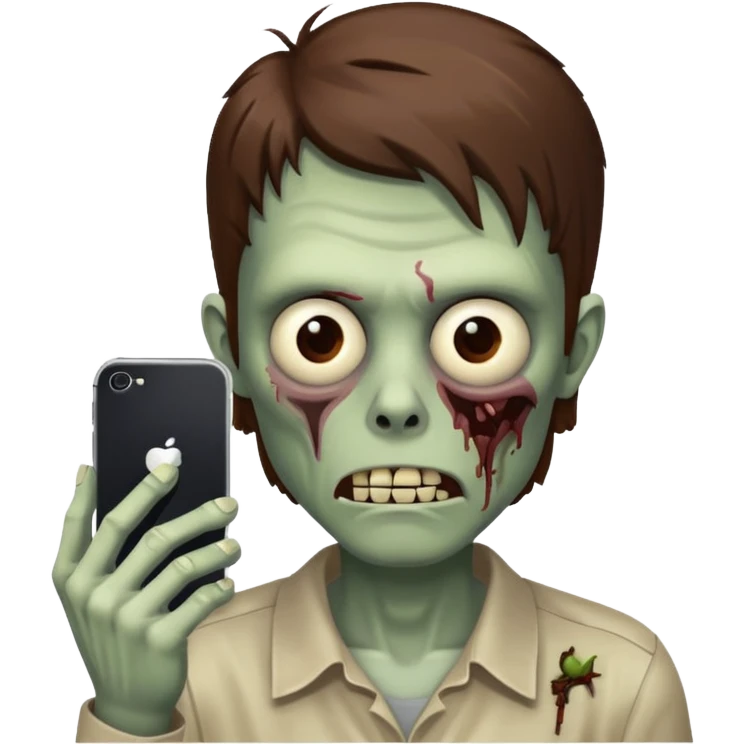zombie man, brown hair, looking at an iPhone emoji