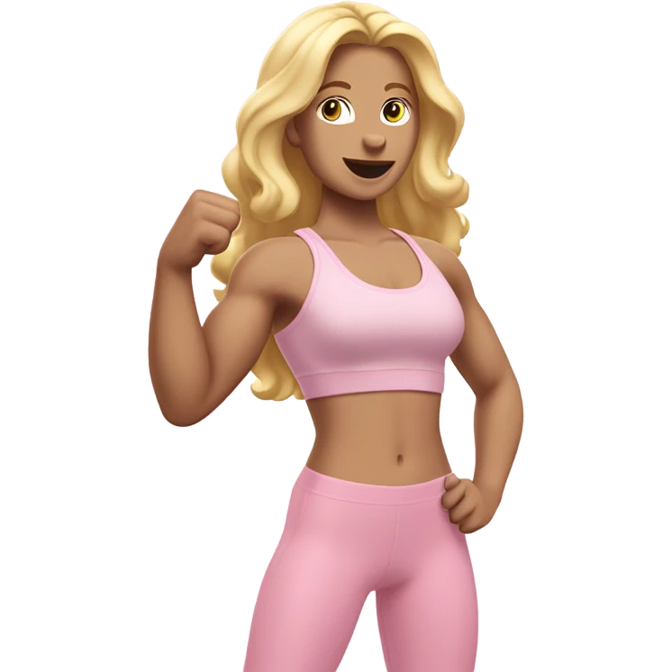 Woman, white skin, pale skin, long hair, blonde hair, wavy hair, baby pink sports bra, baby pink leggings, flexing one arm up emoji