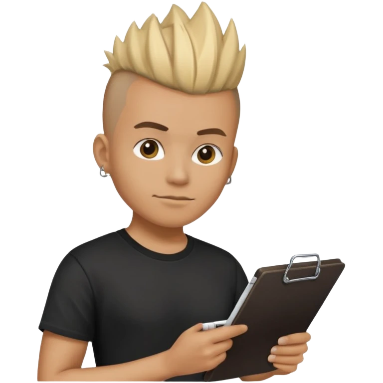 emoji of a bouncer, person with mohawk, black t-shirt, holding a clipboard emoji