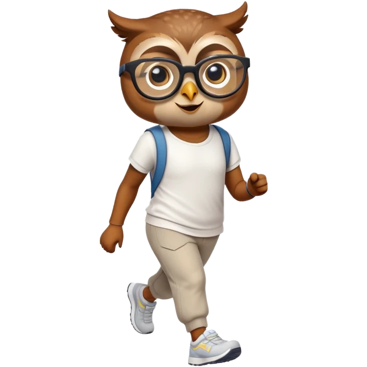 friendly anthropomorphised owl in pants and a shirt, wearing glasses, jogging upright, relaxed pose emoji