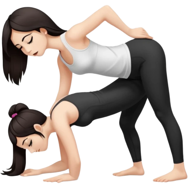 Девушка белокожая в позе собака мордой вниз, с длинными темными волосами, в коротком белом топе, в черных лосинах, с черными ресницами emoji