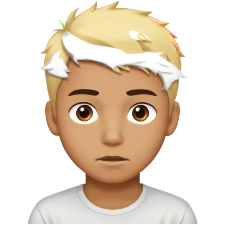 Short buzz, messy blonde hair. Dark brown bushy eyebrows large expressive golden-brown eyes, wearing a plain white t-shirt. Male Teenager. Brown skin color.  emoji