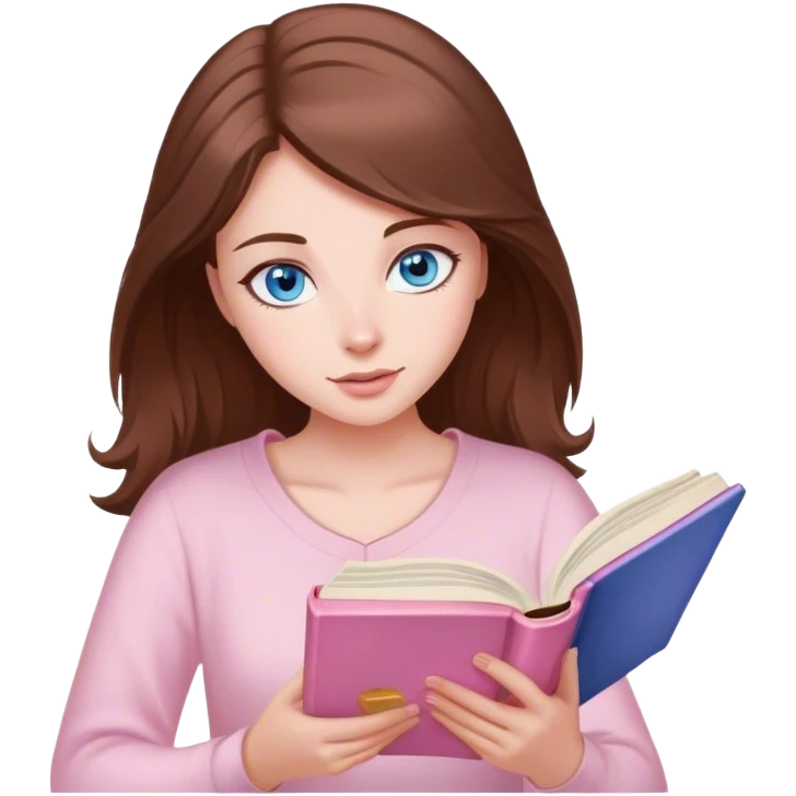 woman with brown hair and blue eyes reading a light pink romance book emoji