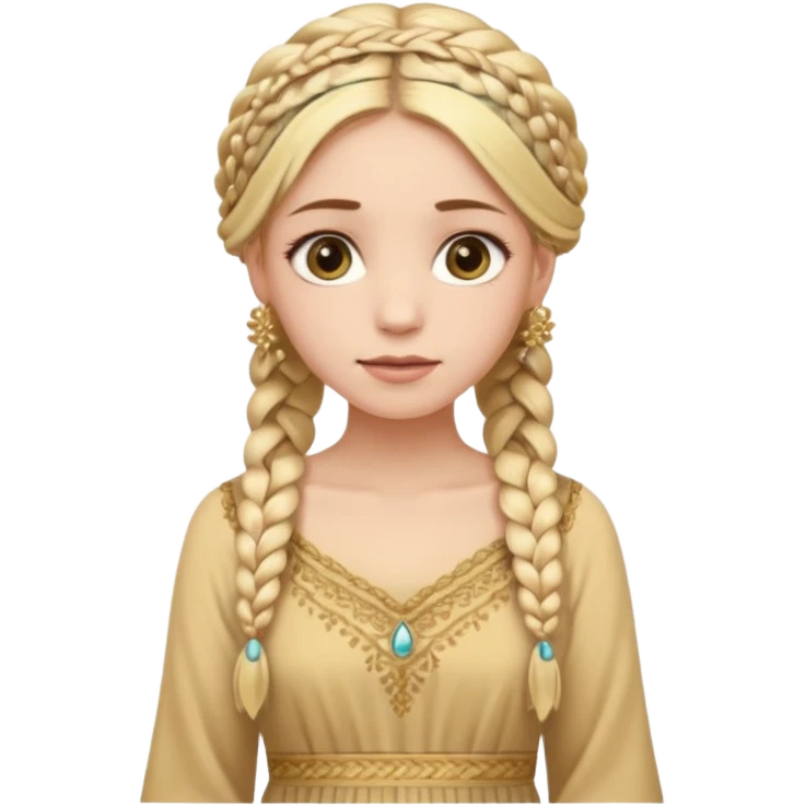 
mujer, Joven, de aspecto dulce y elegante.
Piel clara, ojos grandes y expresivos, sonrisa triste.
Rubio o castaño claro, largo, con trenzas o velo.
Vestido largo hasta los pies de tonos suaves (blanco, azul o lavanda), con bordados dorados; toca fina cubriendo la cabeza. emoji