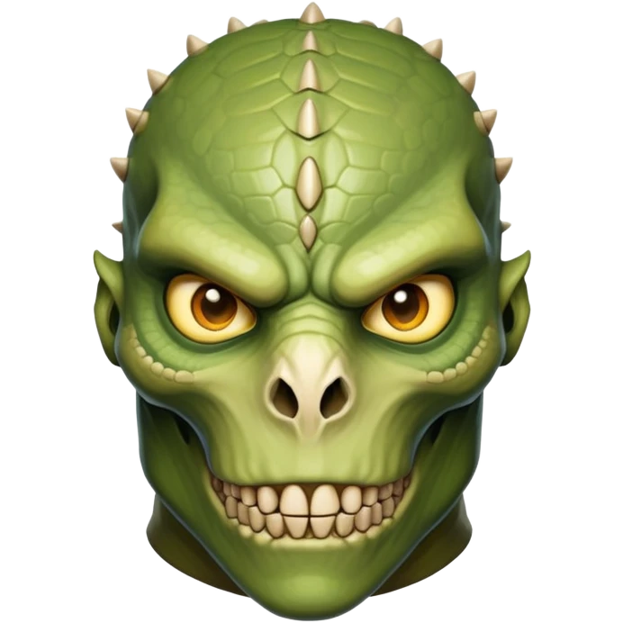 The face of a monstrous, reptilian human fighter with lime eyes, protruding segments of skull and light-brown skin emoji