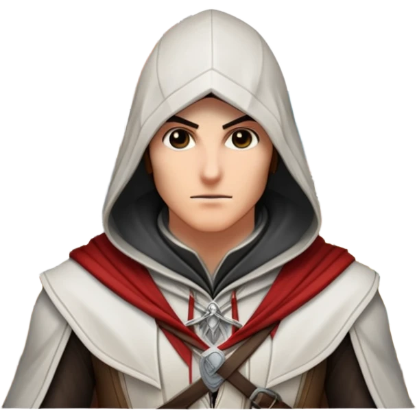 icon featuring Assasin's Creed in an iconic assassin's hood, standing tall against the backdrop of Florence. The design captures the essence of adventure, with intricate details of historical architecture and a sense of mystery. The character is poised, ready for action. transparent background. emoji