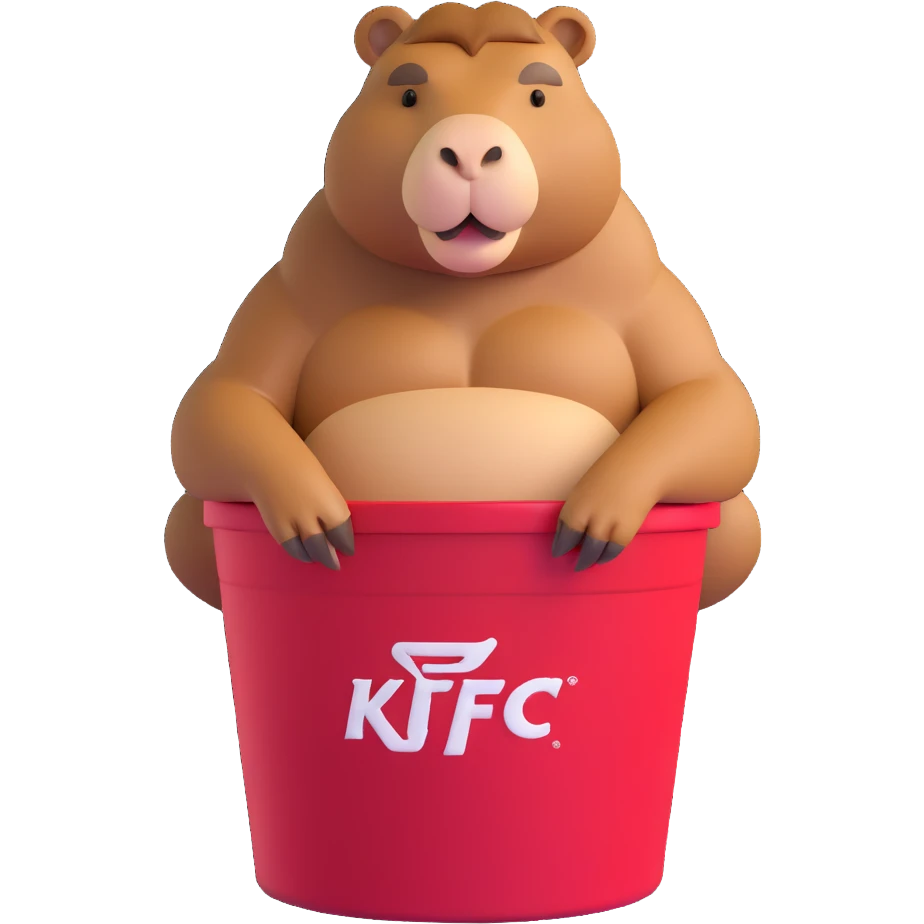 Muscular capybara with bulging muscles sitting in a KFC bucket emoji