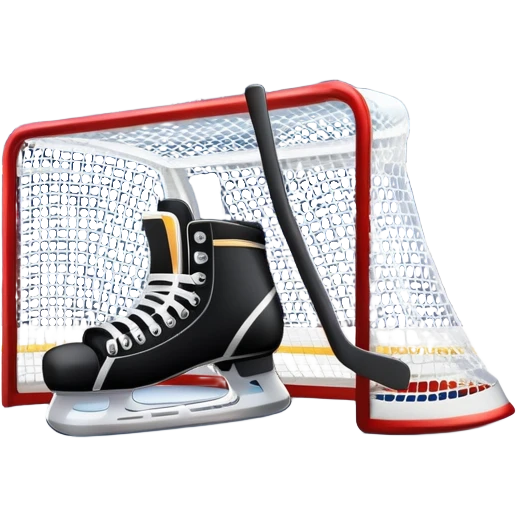 An icon showing a close-up of a hockey stick, puck, skates, and hockey net placed on the ice. The background features a packed stadium with bright lights, cheering fans, and snowy scenery outside. Transparent background highlights the key elements of the game. emoji