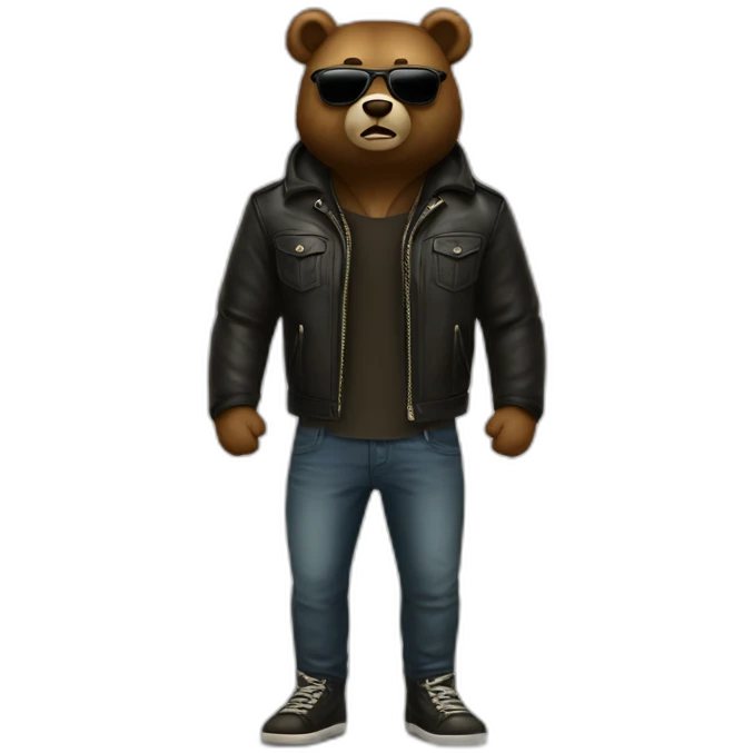 illustration of bear say "Hi!" wear leather jacket sunglasses look like a bad boy, full body emoji