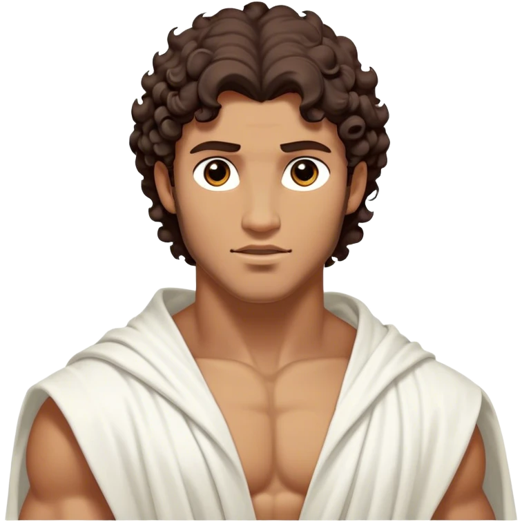 Cinematic Realistic Hercules Portrait, depicted as a classical Greek hero inspired by the Disney version yet echoing the refined proportions and serene dignity of Michelangelo's David. His idealized, tan skin glows with timeless strength, and his thick, curly wavy dark brownhair falls in natural, sculpted curls. Draped in a flowing white robe with delicate golden accents, his expressive eyes radiate determined nobility, all rendered under dynamic natural lighting with a mythic, radiant glow. emoji