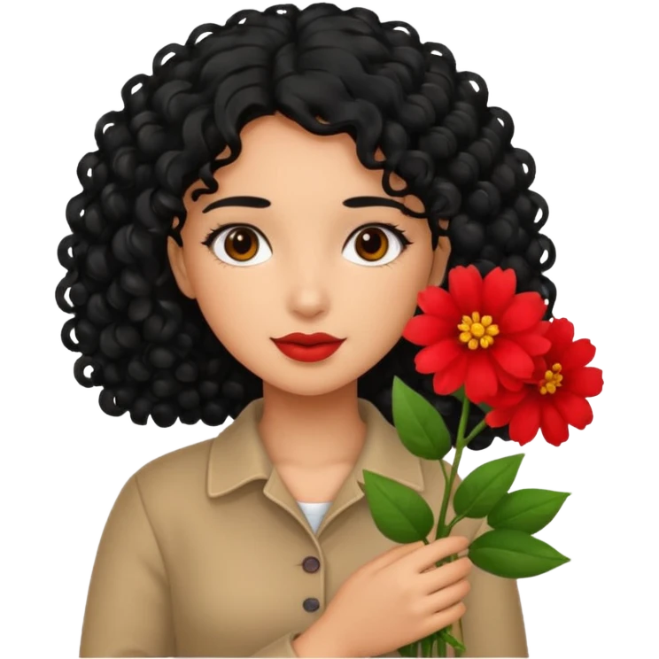 A girl with curly  black  hair and res flowers in her hands emoji