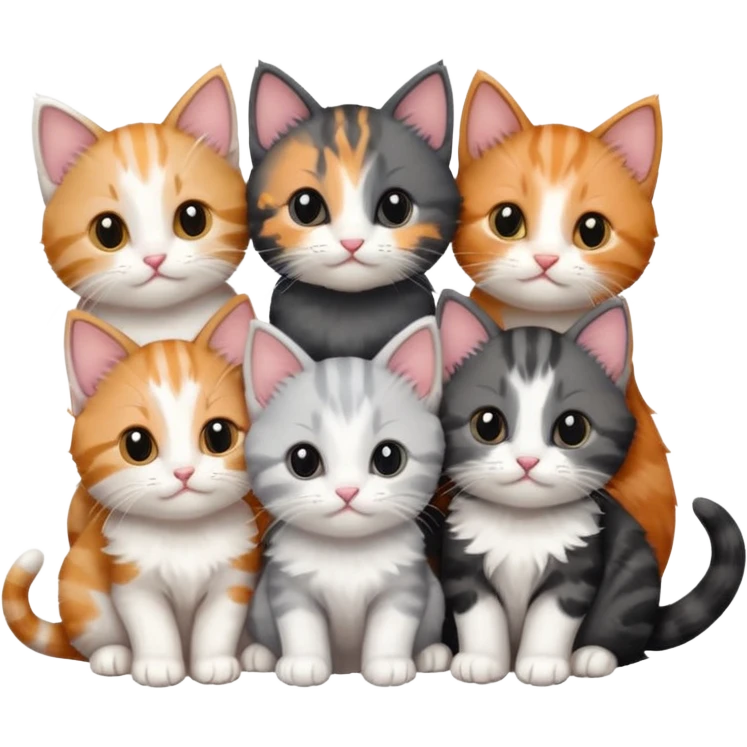 6 tiny kittens cuddling together all different colours, the first one is grey and white, the second is ginger and white and the third is brown tabby and white emoji