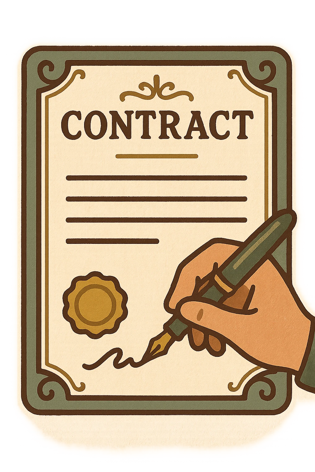contract document, classic look, green gold and white color scheme, elegant lines, decorative details, no background emoji