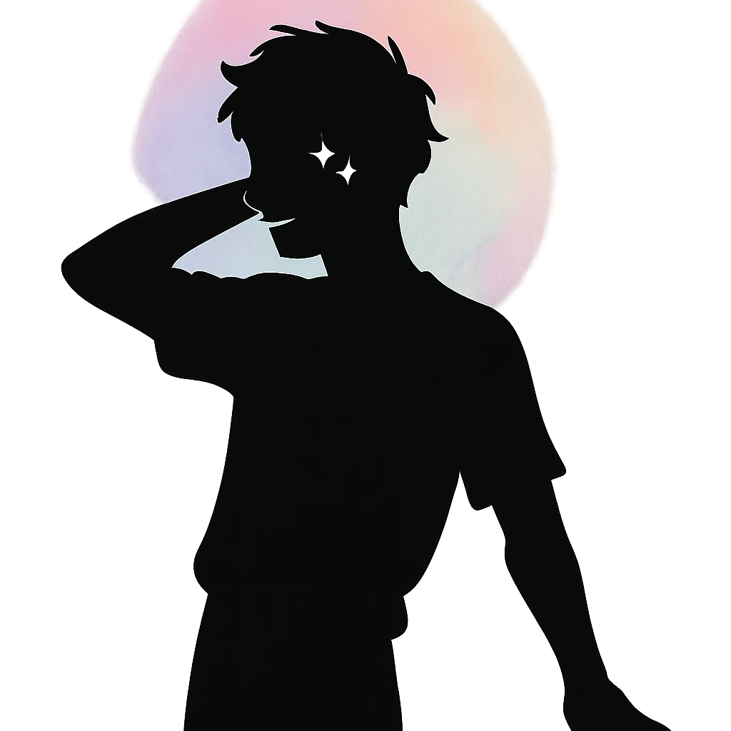 minimalist silhouette of a youthful male figure with a gentle pastel aura, subtle sparkle near the eyes, and a relaxed, confident pose, exuding effortless charm and playful unpredictability emoji