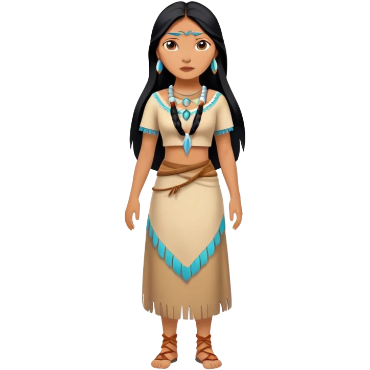 full body Pocahontas with Native American dress, long black hair, minimal style emoji
