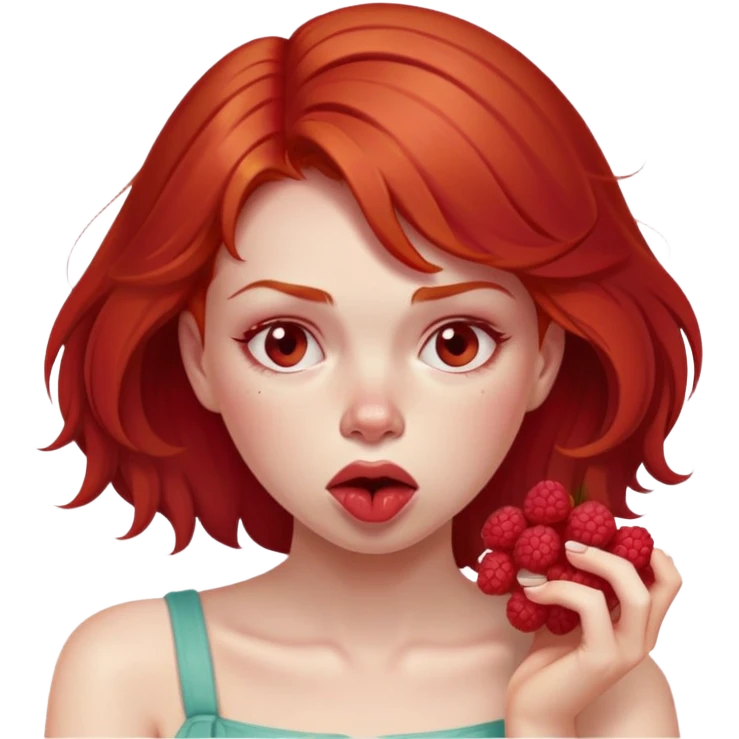 redhead girl with a displeased face eating raspberries emoji