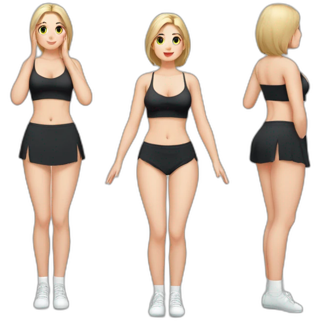 Front view full body curvy caucasian beauty sitting straight hands up black skirt white knickers white socks emoji