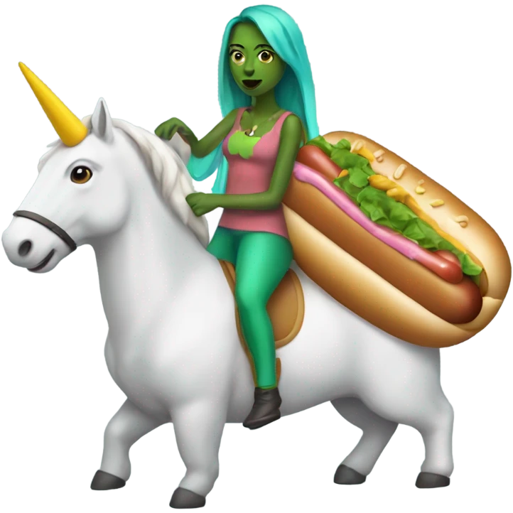 A woman with green skin and a unicorn horn riding a hot dog emoji