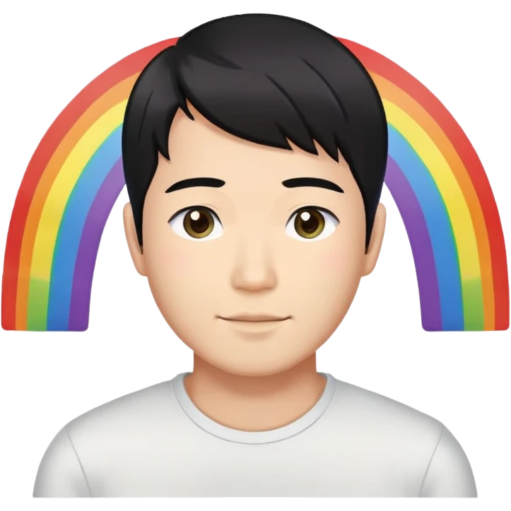 Asian man with black hair with rainbow over him saying “Bromance” emoji