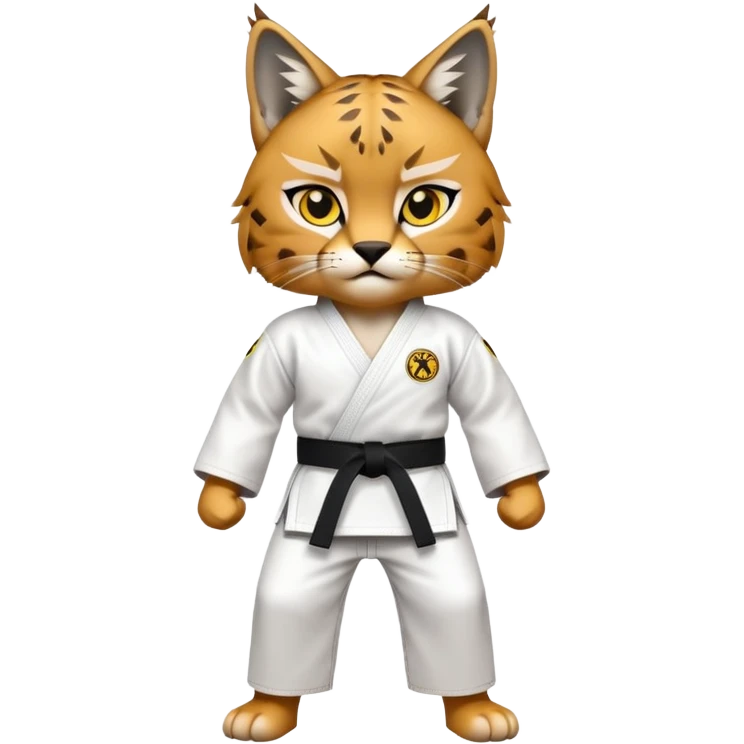 A karate lynx with brown fur, yellow eyes and a white karate suit emoji