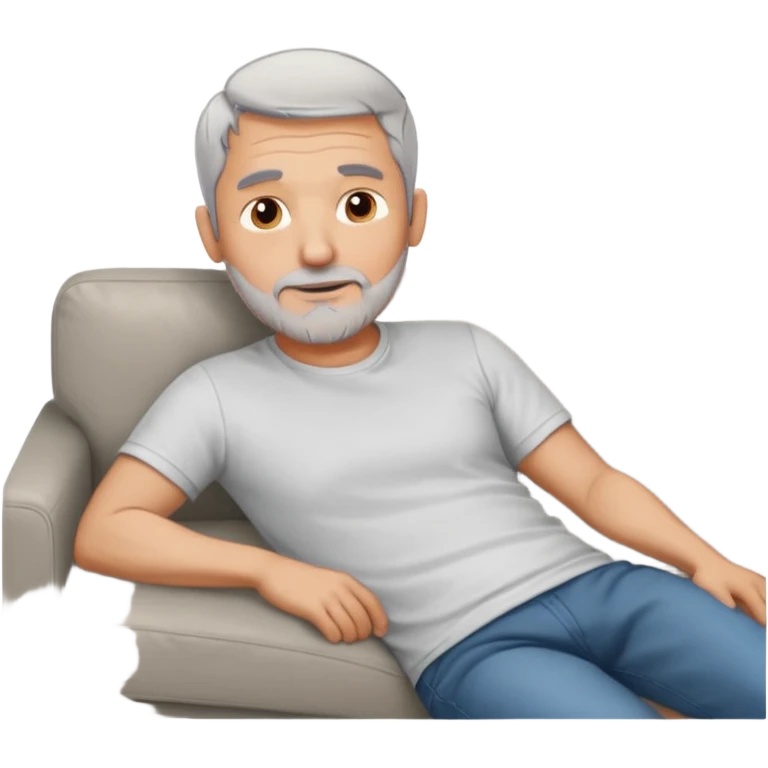 a 50 yo man short grey hair stubble beard laying on a ottoman of a light grey cord couch emoji