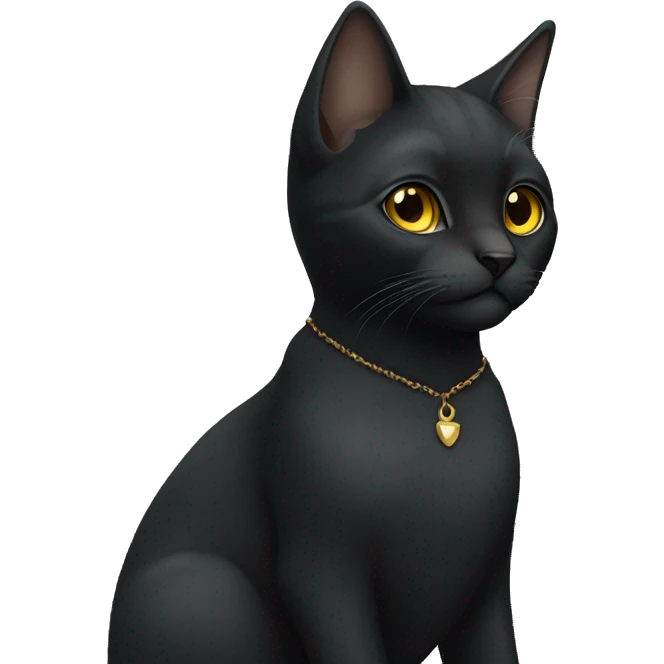 Small, short-haired black cat with light yellow eyes, tiny black ear tufts, sleek coat, facing forward with ears slightly tilted emoji