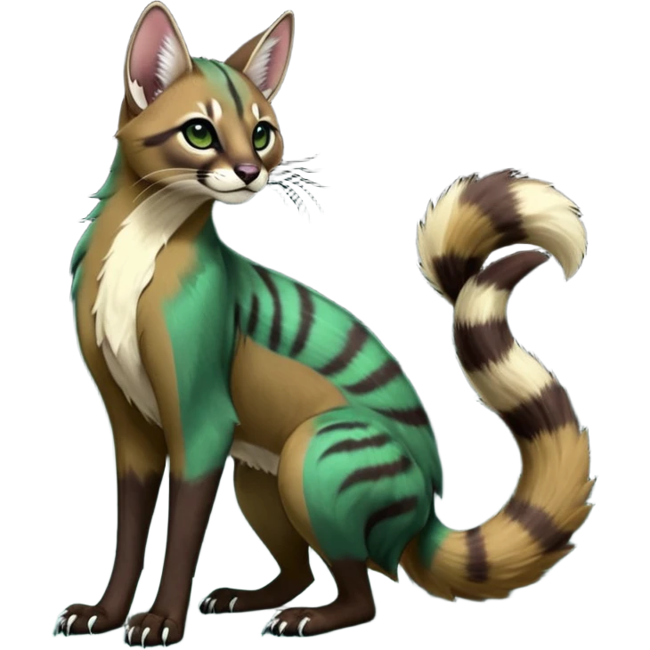 Colorful dark tropical dusky-hunter-green and dark-brownish glorious divine exotic cute cool beautiful shiny beautiful fantasy-caracal-civet-genet-sergal-vernid-Cacomistle-oncilla-animal-Fakémon-hybrid-fursona (full body) emoji