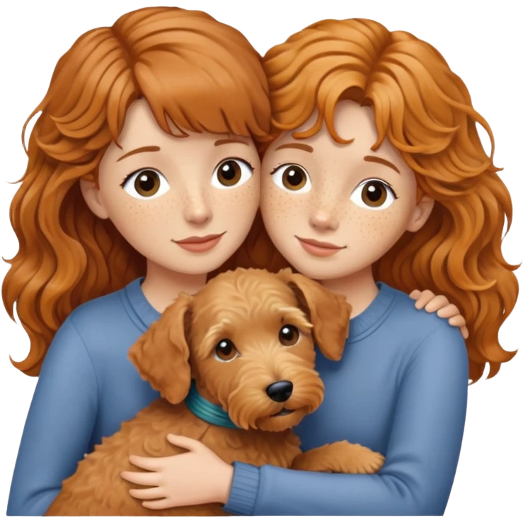 Woman with ginger wavy hair, curtain bangs and freckles hugging her wire haired Lakeland terrier dog emoji