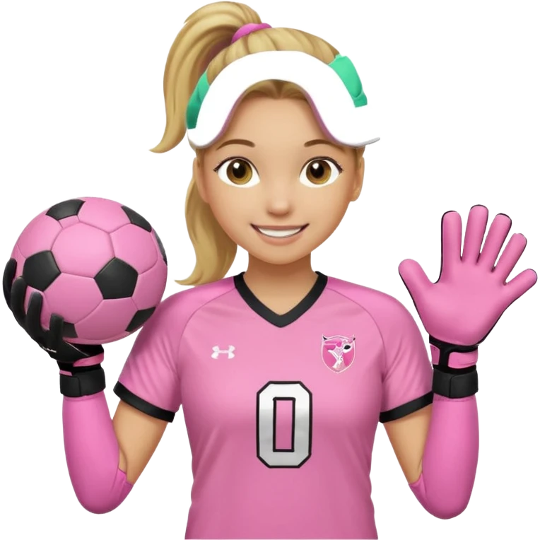 Make a dirty blonde football goalkeeper with goalkeeper gloves on holding a regular football. NOT AN AMERICAN FOOTBALK BALL. The girl is light skinned and wearing a light pink football. Wearing a ponytail with the dirty blonde. Make it without the whole body emoji