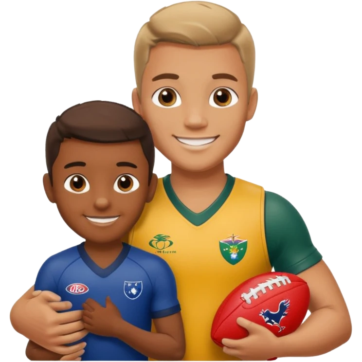 A sportsman has his arm around a young fan and they are holding a AFL sherrin, they are in australian colours, they are smiling, one is white and one is brown emoji