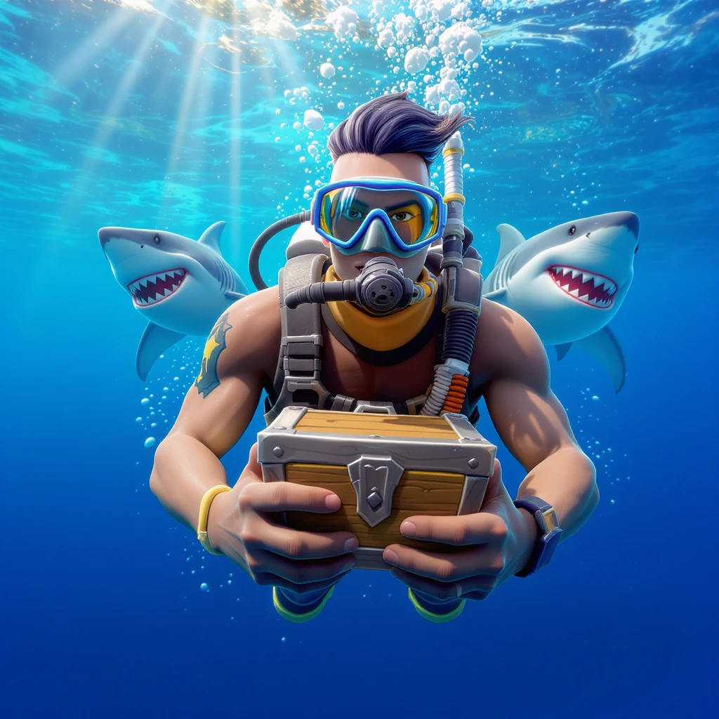 portrait, closeup, 3D, symmetrical, fortnite art style, diver holding chest underwater, happy shark swiming around him, blue crystal water, sunny day emoji