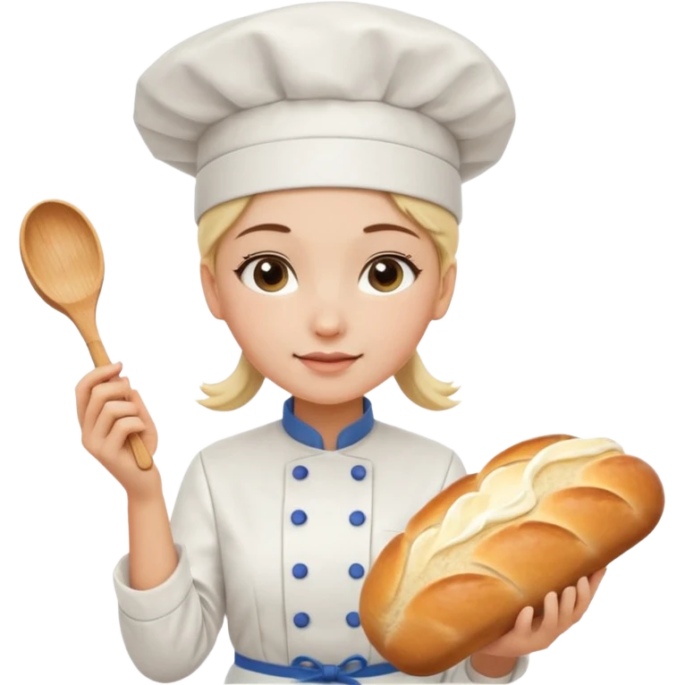 Young female baker - white chef hat, holding cream piping bag to milk oil on bread emoji