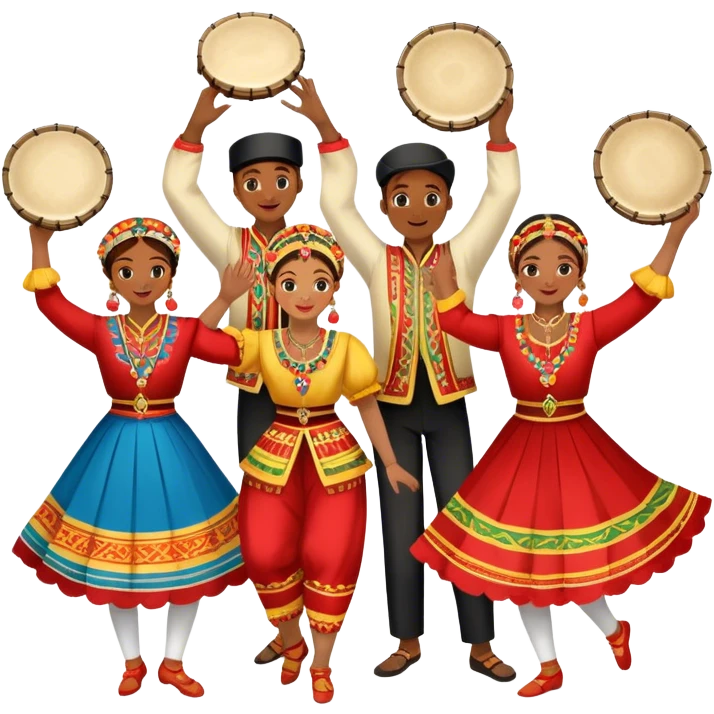 Icon for Folk Dance: a group of men and women 4-5 persons in vibrant national costumes, performing a traditional dance. Some dancers hold castanets and tambourines, capturing the energy and cultural heritage of folk dance. Transparent background. emoji