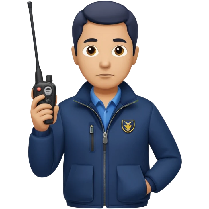 Security, Middle-aged, wearing navy blue jacket, serious facial expression, holding walkie-talkie, full body emoji