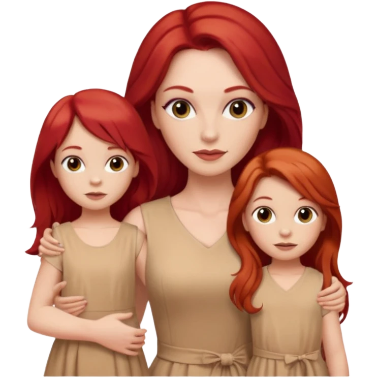 White woman in beige dress with long red hair and makeup with two kids in beige clothes  emoji