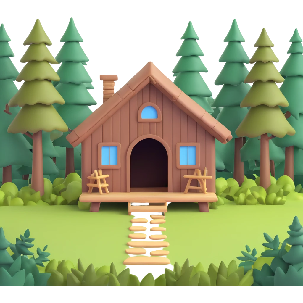 small rustic hut in deep forest surrounded by tall trees emoji