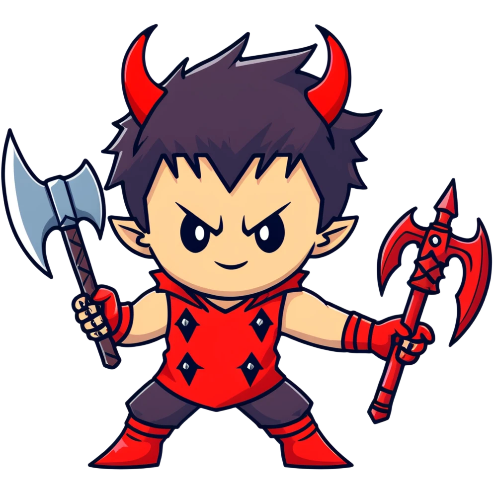 Anime devil boy with spiky black hair, red horns, and a battle axe emoji