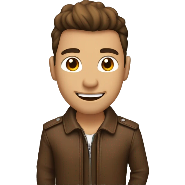 The handsome guy smiled, leaned to the right, wore a brown jacket and pointed his left hand to the upper left corner emoji