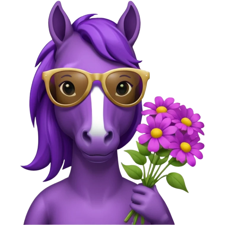Purple horse wearing sunglasses and holding flower bouquet
 emoji