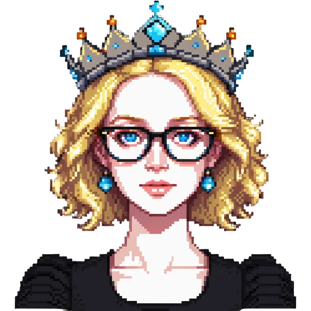 beautiful princess with blonde hair, bright blue eyes, wearing stylish glasses and a crown emoji