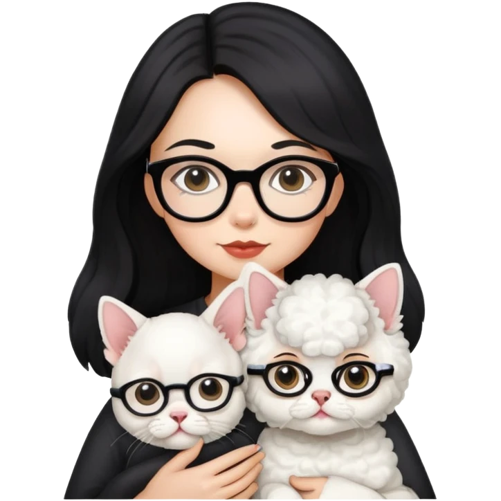 A girl with long black hair and glasses holding a bichon and a white devon emoji